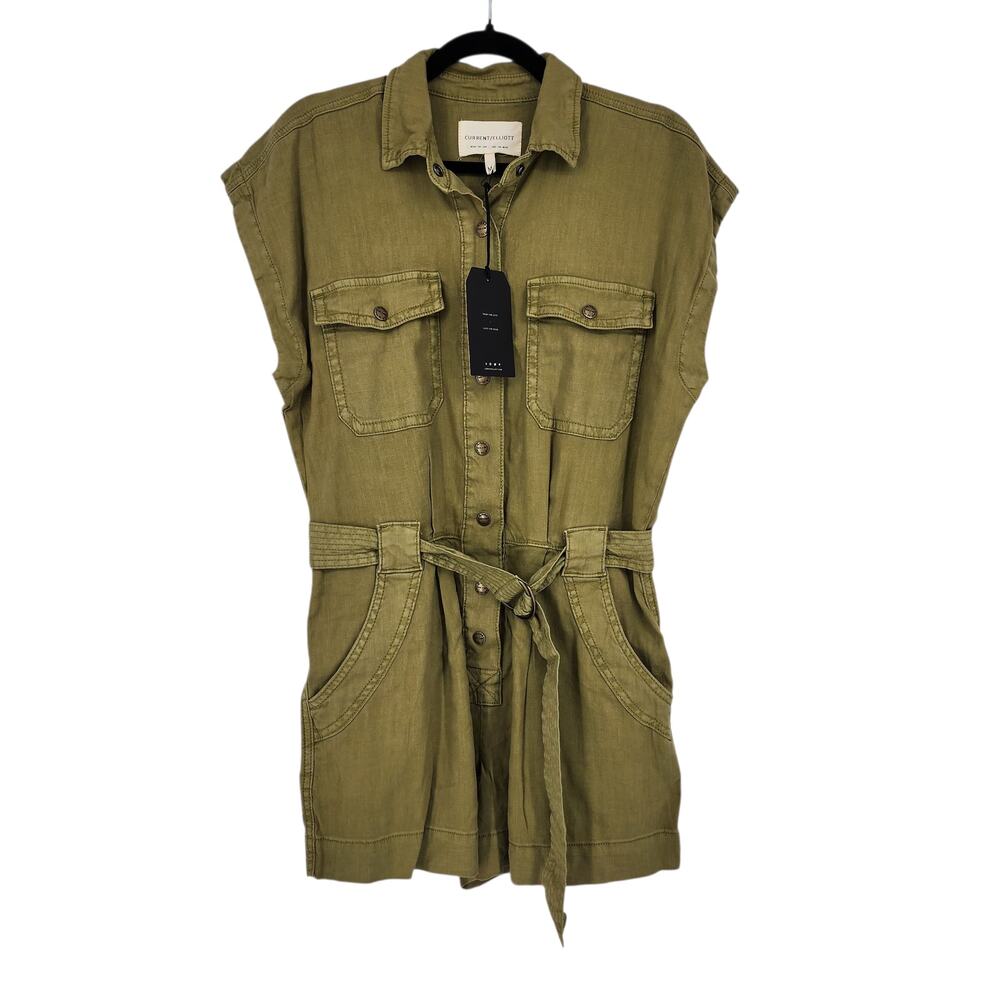 NWT Current/Elliott The Lynwood Green Belted Button Front Pocket Romper Size M